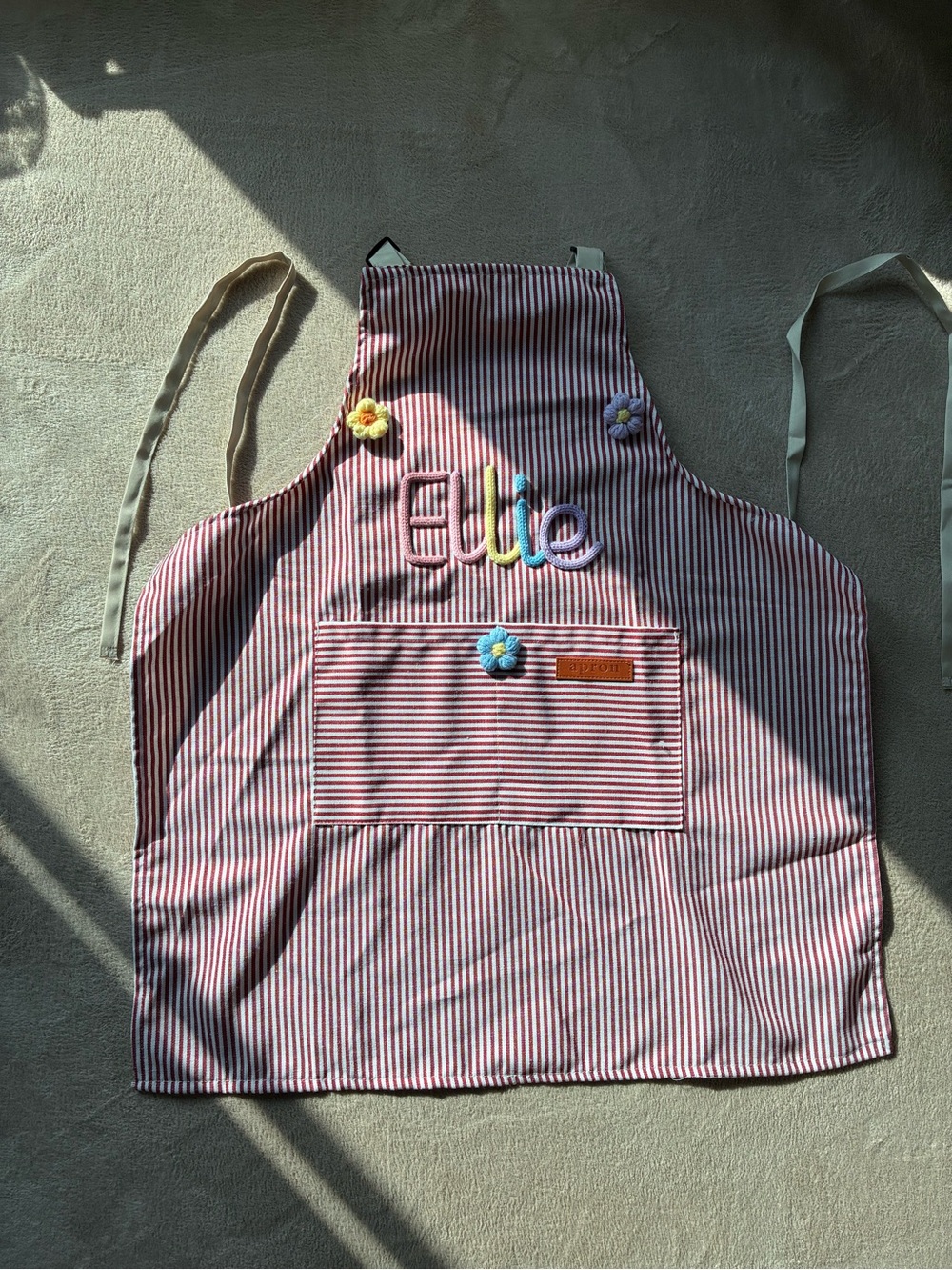 Striped Red Adult Apron with Floral Accents - Personalized Ellie